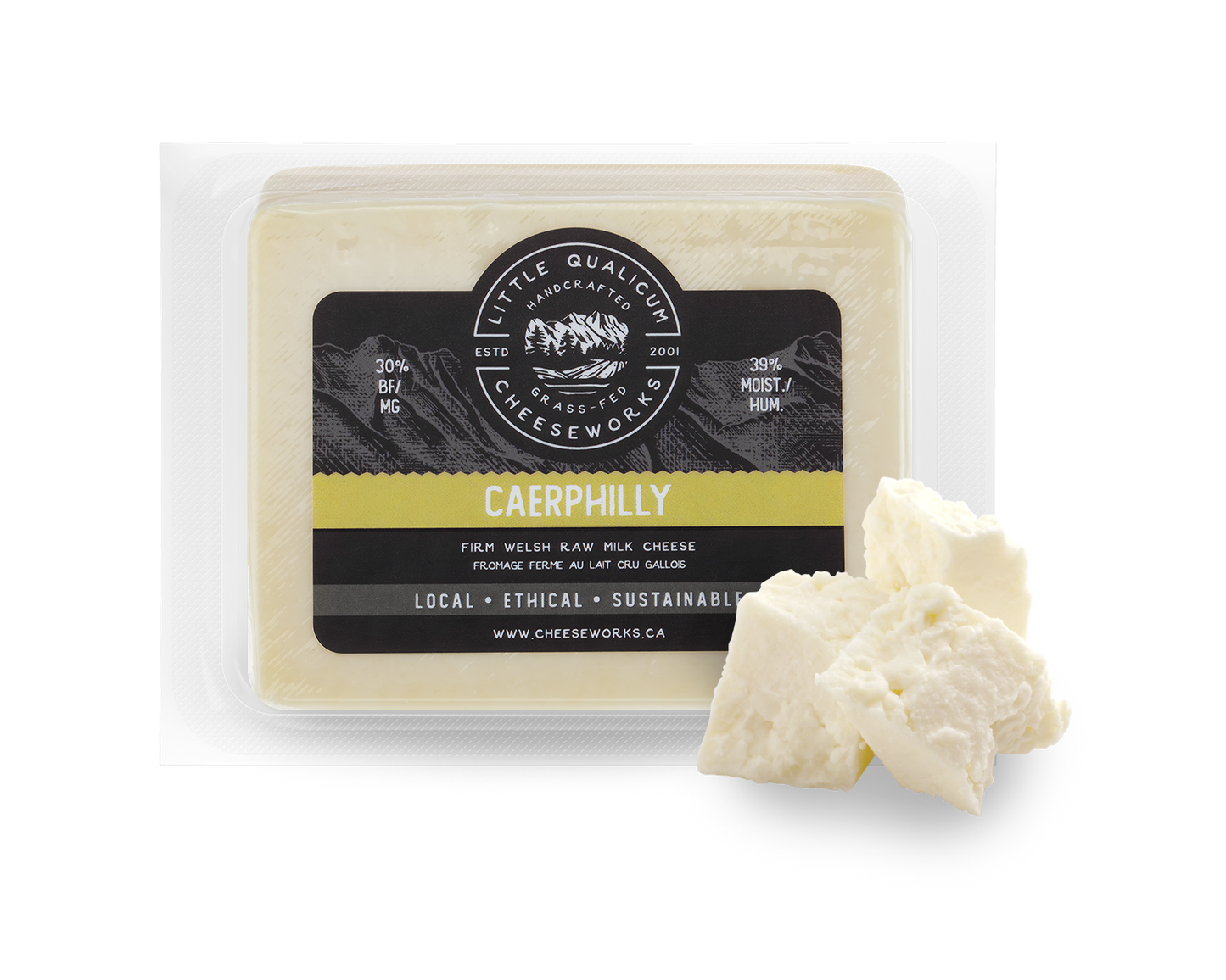 Caerphilly cheese in LQC packaging with cheese in front