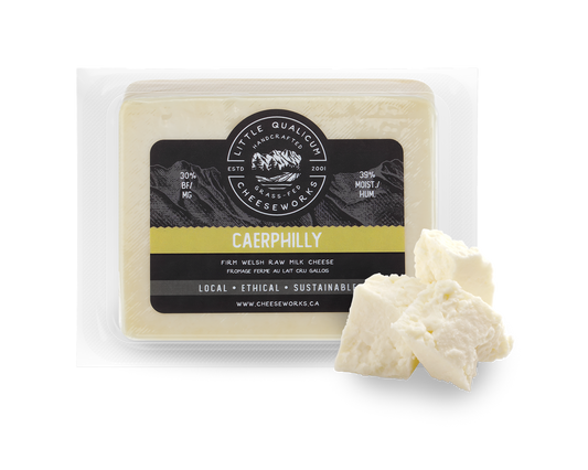 Caerphilly cheese in LQC packaging with cheese in front