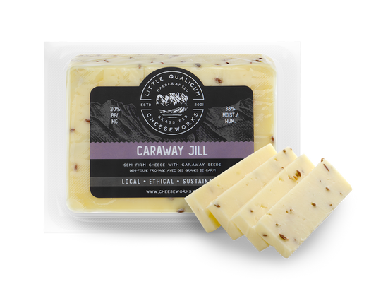Caraway Jill cheese in LQC packaging with slices of cheese