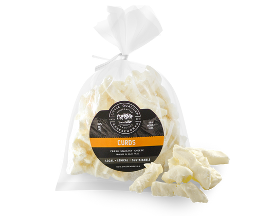 Cheese curds in bag and on display