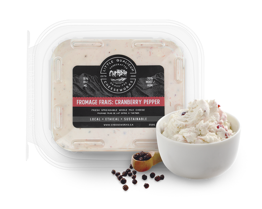 Fromage frais cranberry pepper in LQC packaging with bowl of cheese and peppercorns