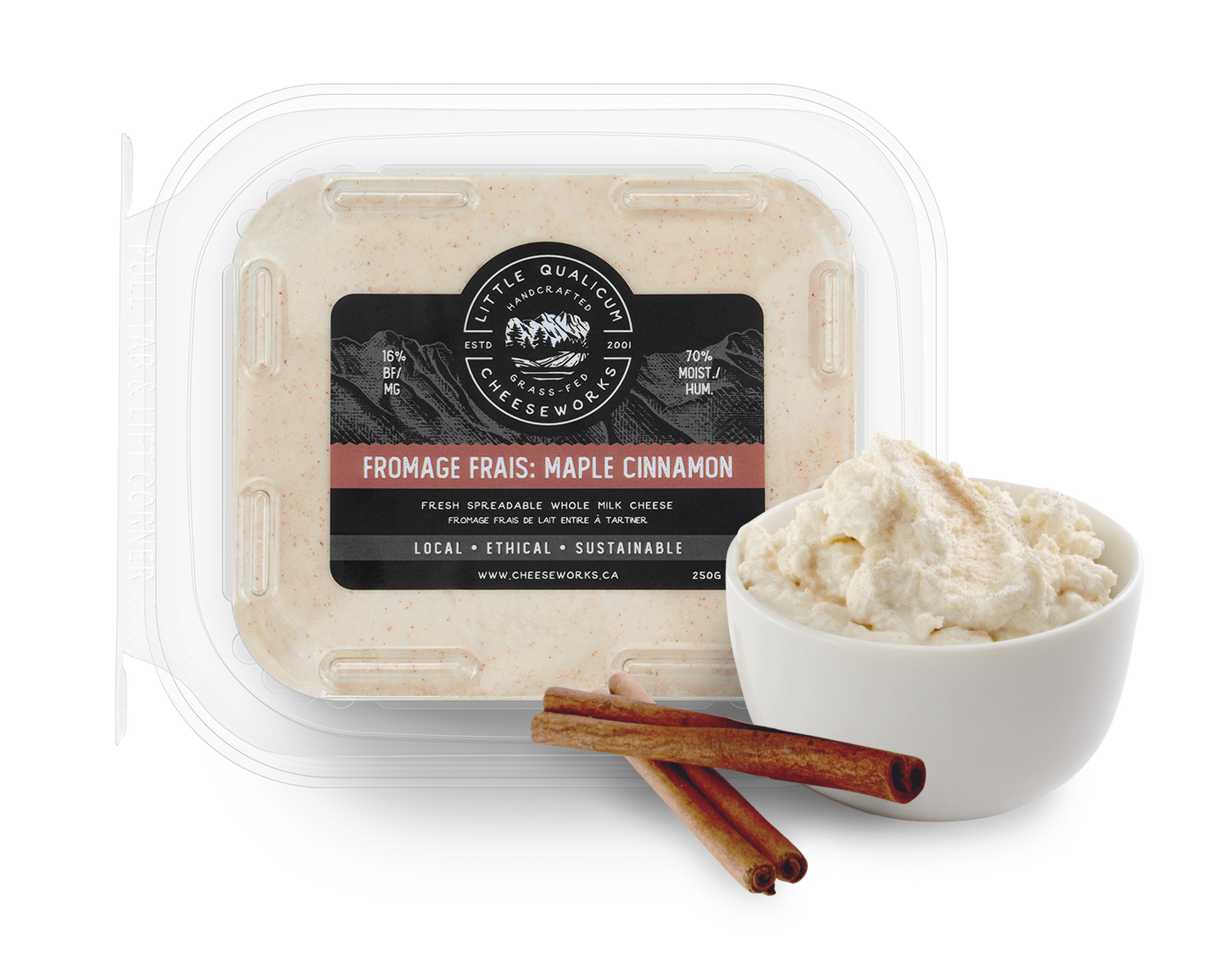Fromage Frais maple cinnamon in LQC packaging with bowl of cheese and cinnamon sticks