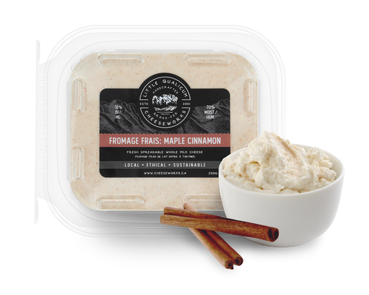 Fromage Frais maple cinnamon in LQC packaging with bowl of cheese and cinnamon sticks