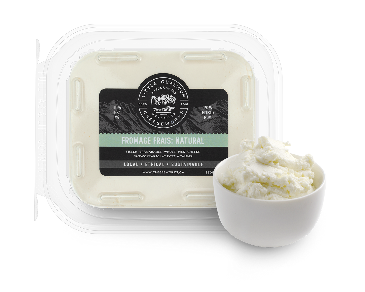 Fromage Frais Natural in LQC packaging with bowl of cheese
