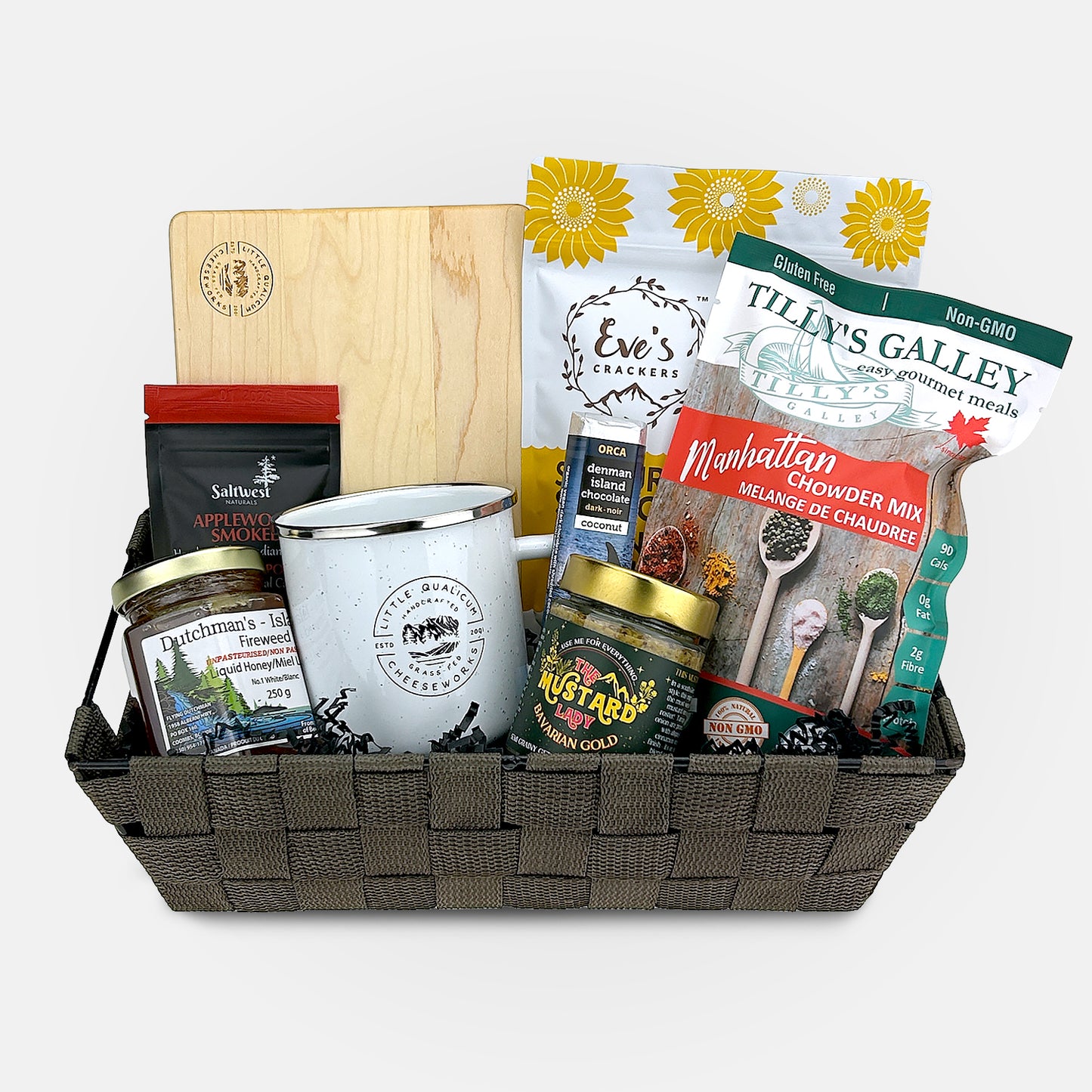 Simply Local gift basket with Eve's crackers, Tilly's Galley soup mix, Denman chocolate, The Mustard Lady mustard, Dutchman's honey, Saltwest salt and logo mug in a basket