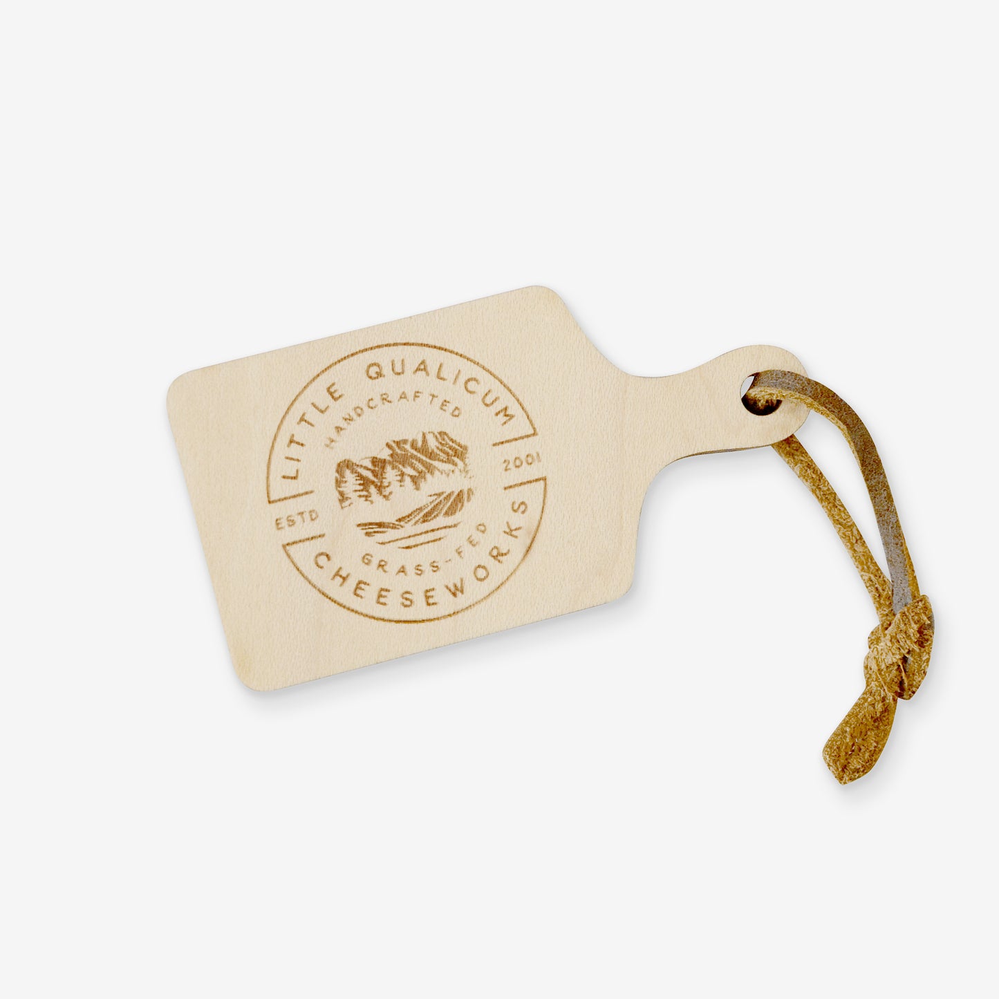 This fun wood fridge magnet is shaped like a cheese board, complete with a small leather string attached to the handle. The LQC logo is engraved on the front.