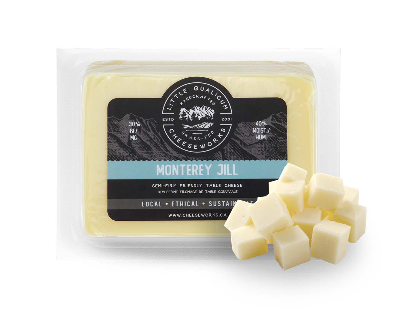 Monterey Jill cheese in LQC packaging with cubes of cheese