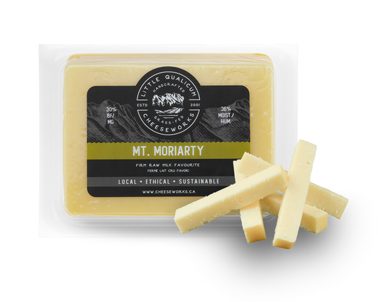 Mt. Moriarty cheese in LQC packaging with sticks of cheese in front