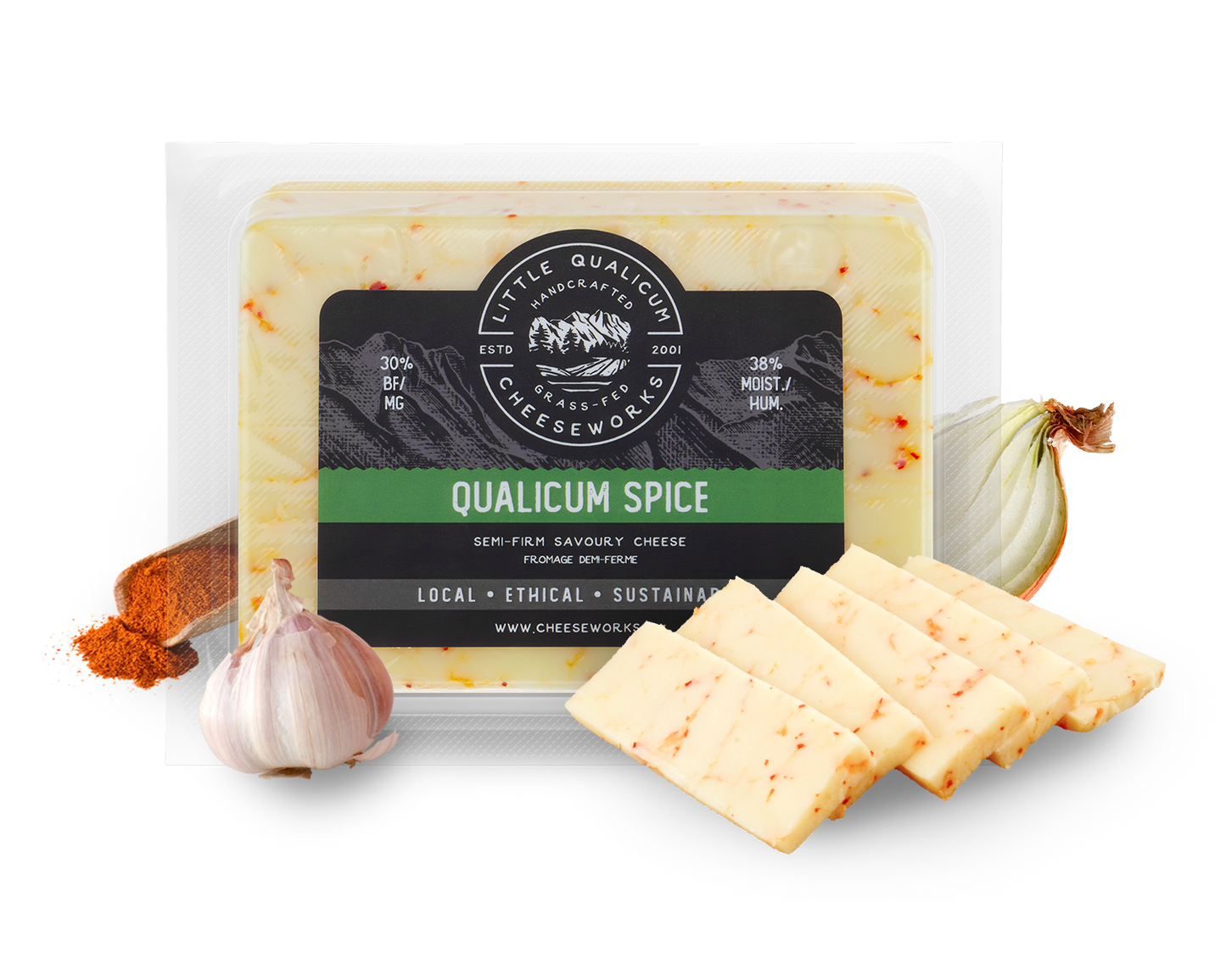 Qualicum Spice in packaging with LQC logo and onion, garlic and paprika surrounding the image with slices of cheese