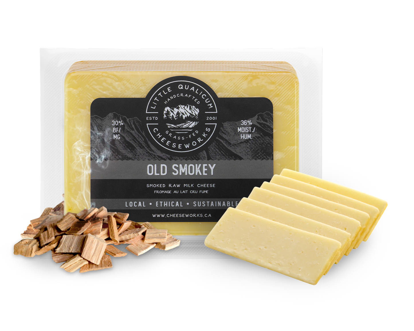 Old Smokey cheese in LQC packaging with wood chips and slices of cheese in front of it