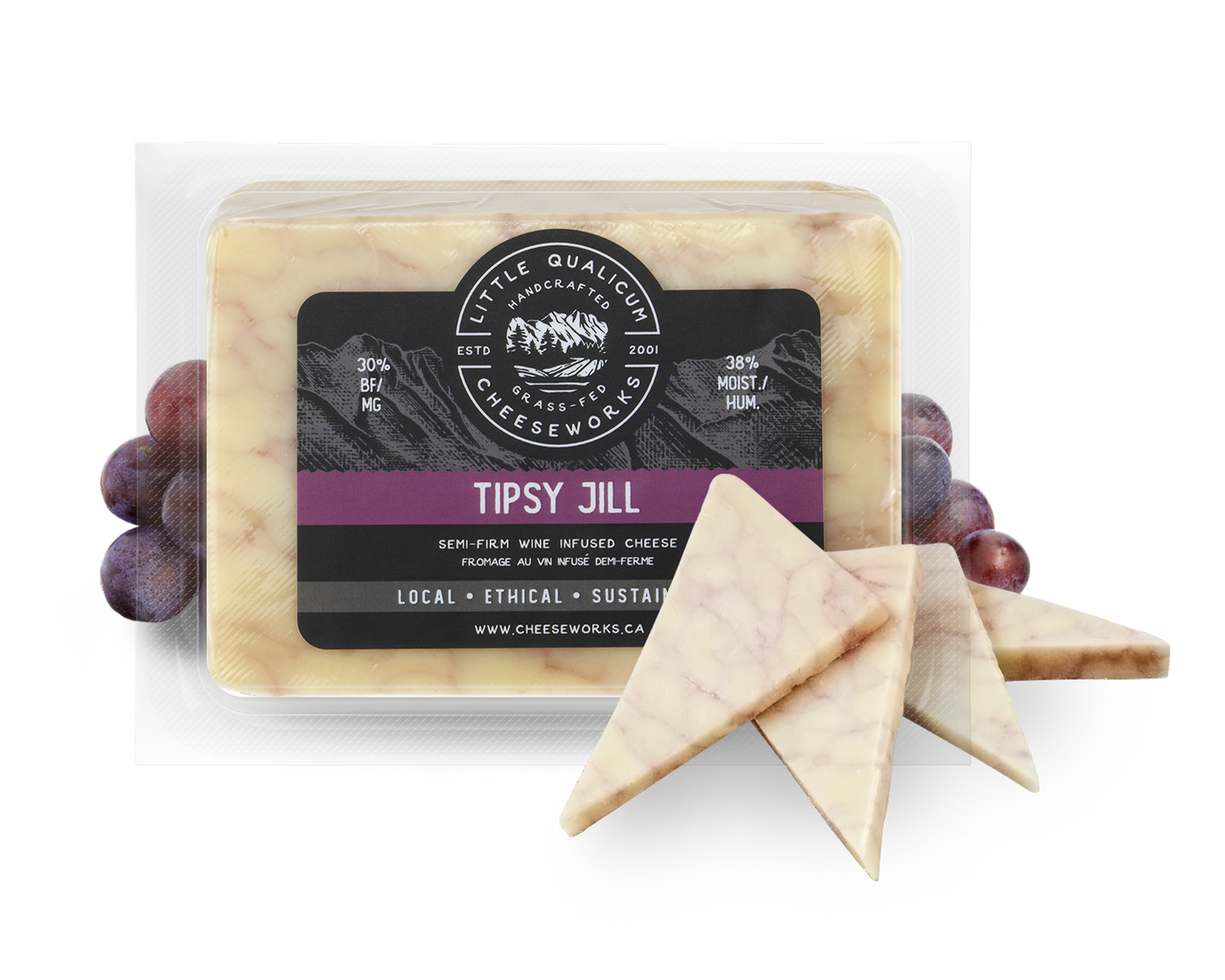 Tipsy Jill in packaging with LQC logo and grapes behind with slices of cheese in front