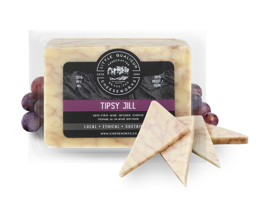 Tipsy Jill in packaging with LQC logo and grapes behind with slices of cheese in front