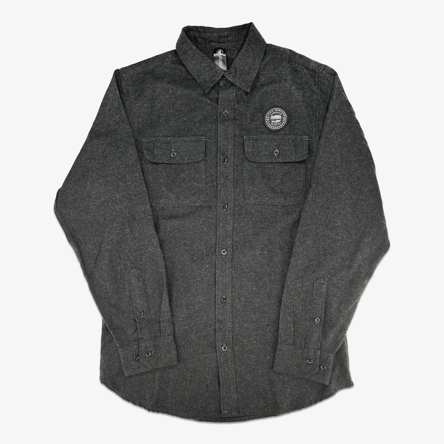 Dark gray flannel shirt with Little Qualicum Cheeseworks' logo on a white background