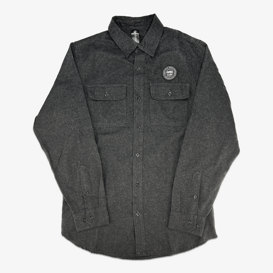 Dark gray flannel shirt with Little Qualicum Cheeseworks'  logo on a white background