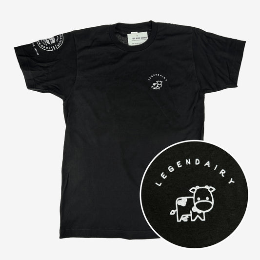 Black t-shirt with 'Legendairy' cow logo on a white background