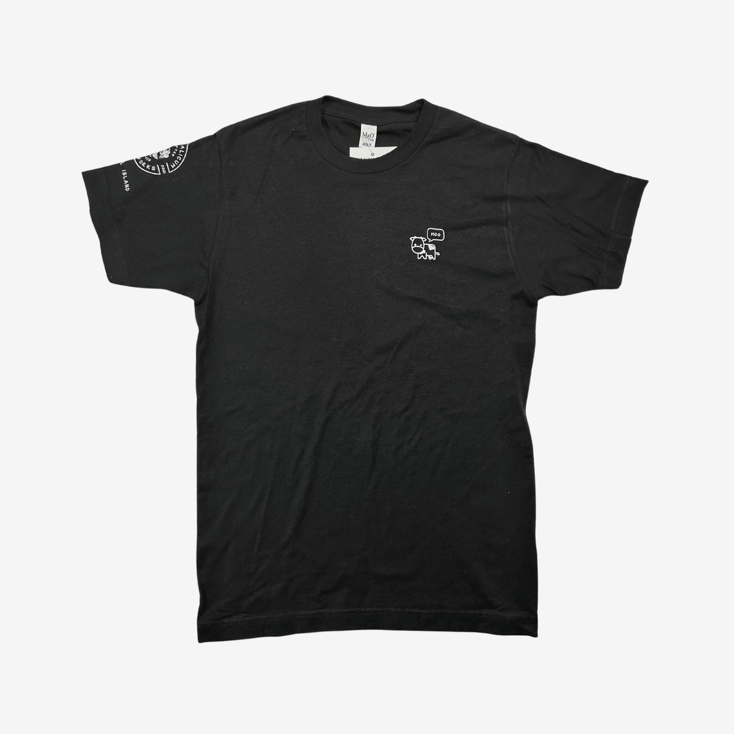 The black short sleeve t-shirt has the LQC logo and the text "Vancouver Island" on the left sleeve. A pocket print on the right side depicts a white line drawing of a cow with a speech bubble containing the word "Moo".