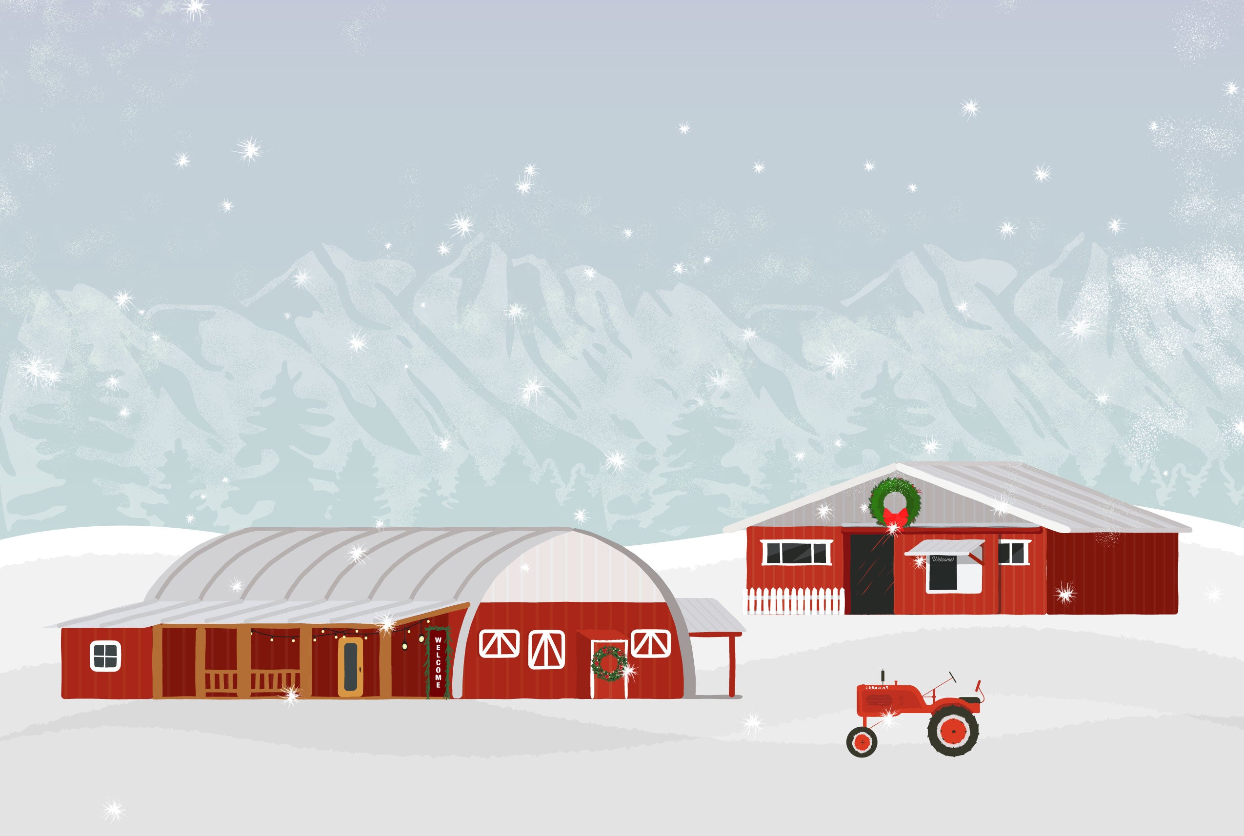 Farm buildings in snow with tractor and wreath with mountains in the background
