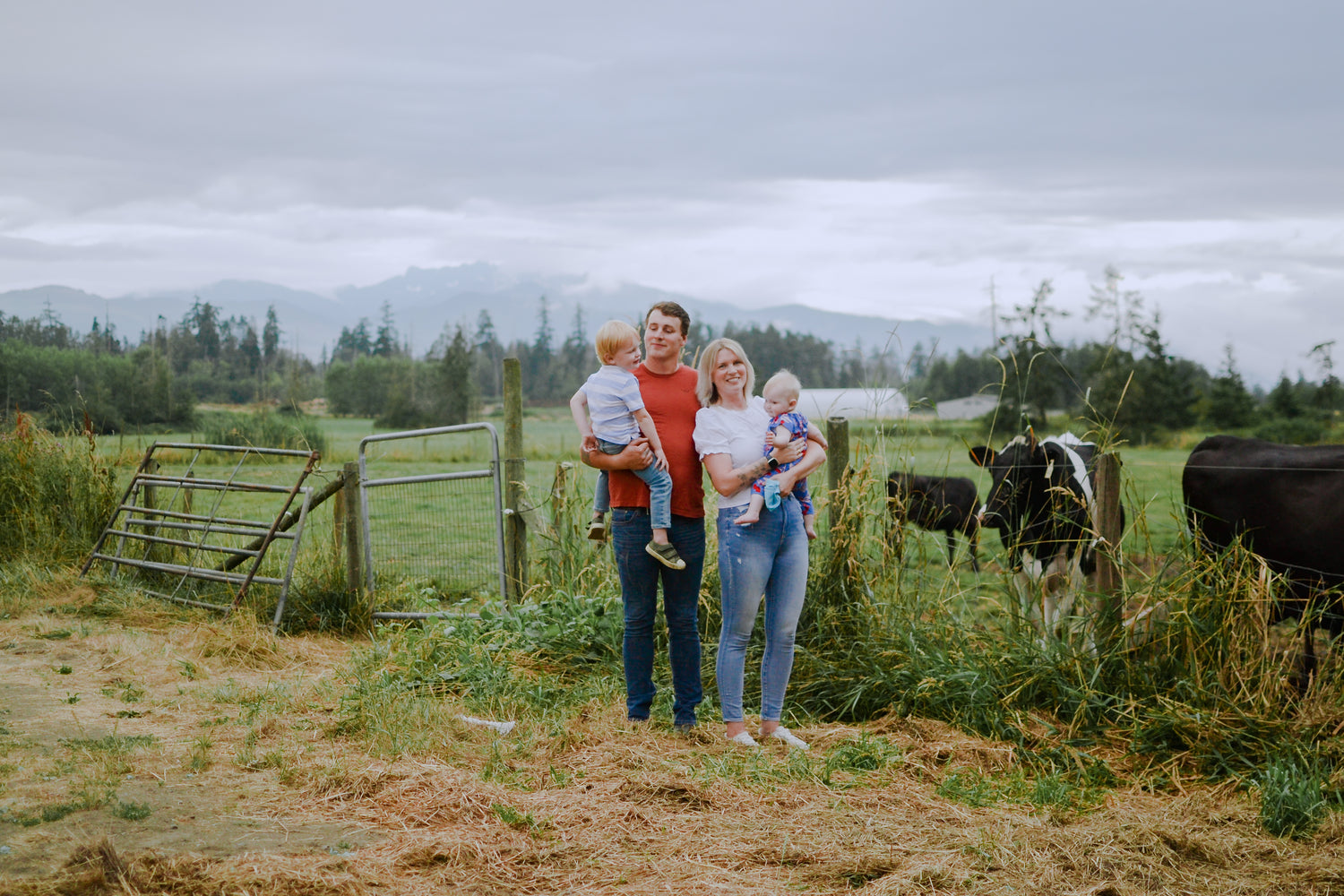 Albert Gorter, Chelsea Enns, and their two children at the edge of a field with cows grazing.