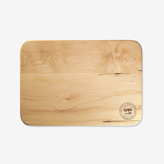 Wooden cheese board with Little Qualicum Cheeseworks engraved logo