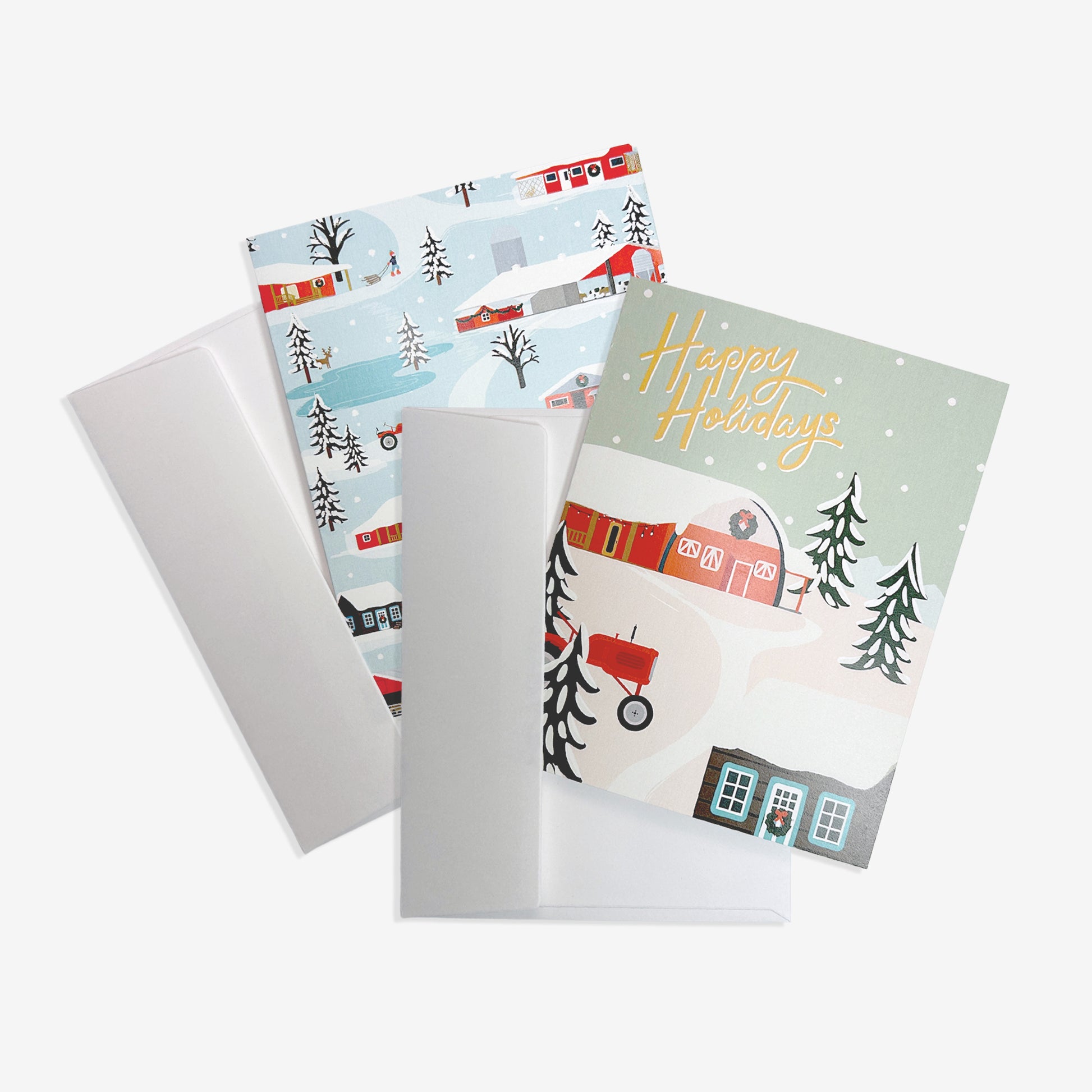 Two Christmas cards are illustrated in a simplified vintage-inspired style. Both feature scenes from around the farm at Little Qualicum Cheeseworks and come with a white envelope.