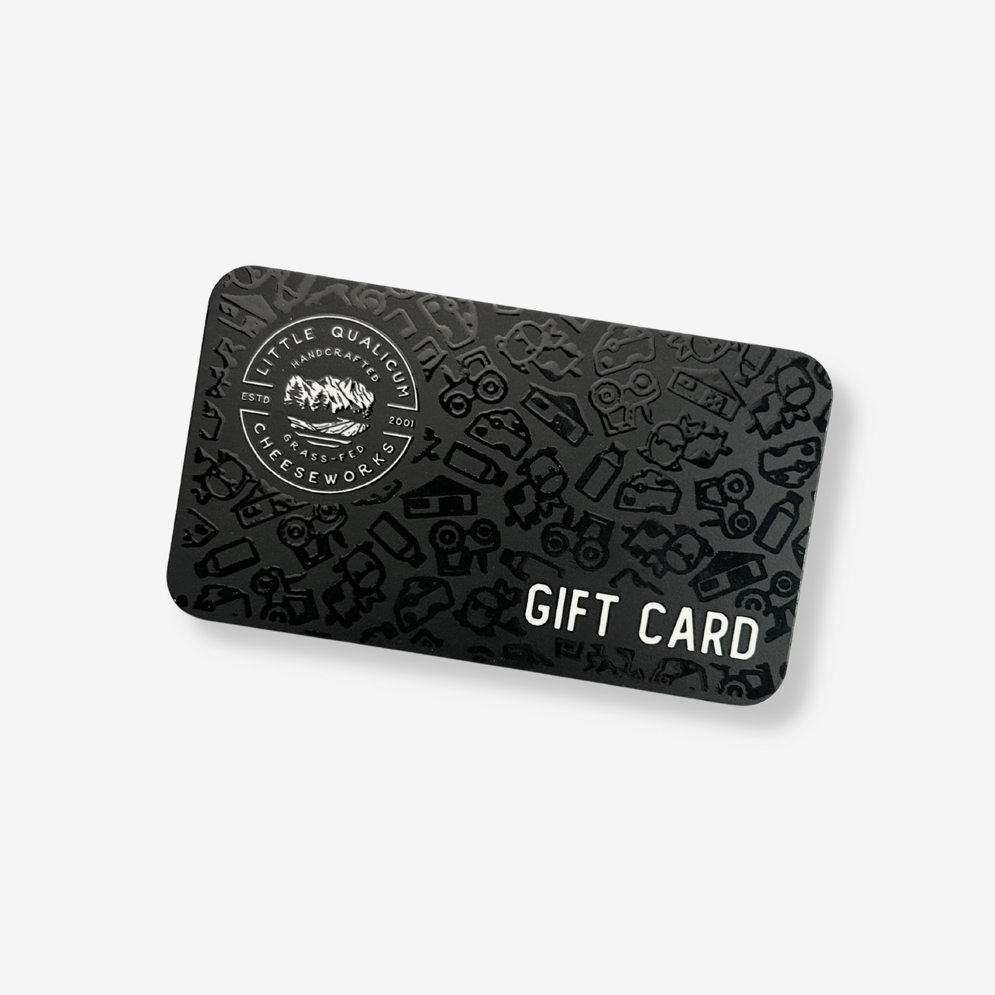 Little Qualicum Cheeseworks gift card in matte black with spot gloss pattern and rounded corners.