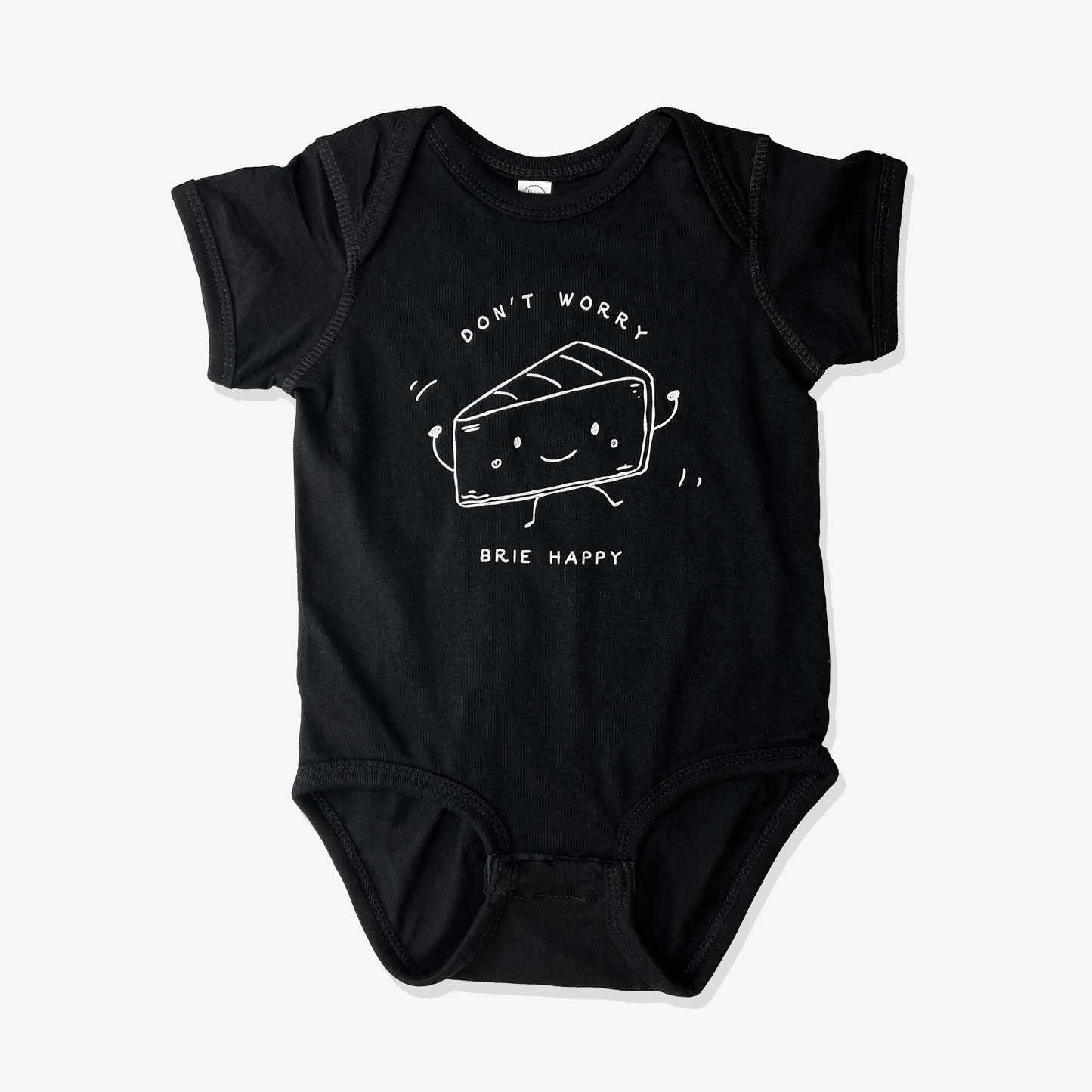 Black baby onesie with white graphic of cheese saying don't worry brie happy
