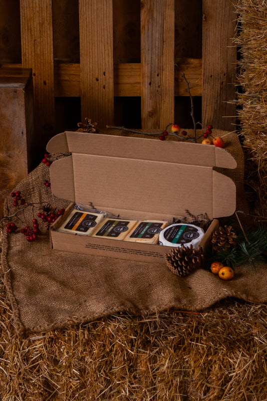 Open cardboard box with brie, qualicum spice, mount moriarty, and sunshine feta on a rustic wooden and hay background