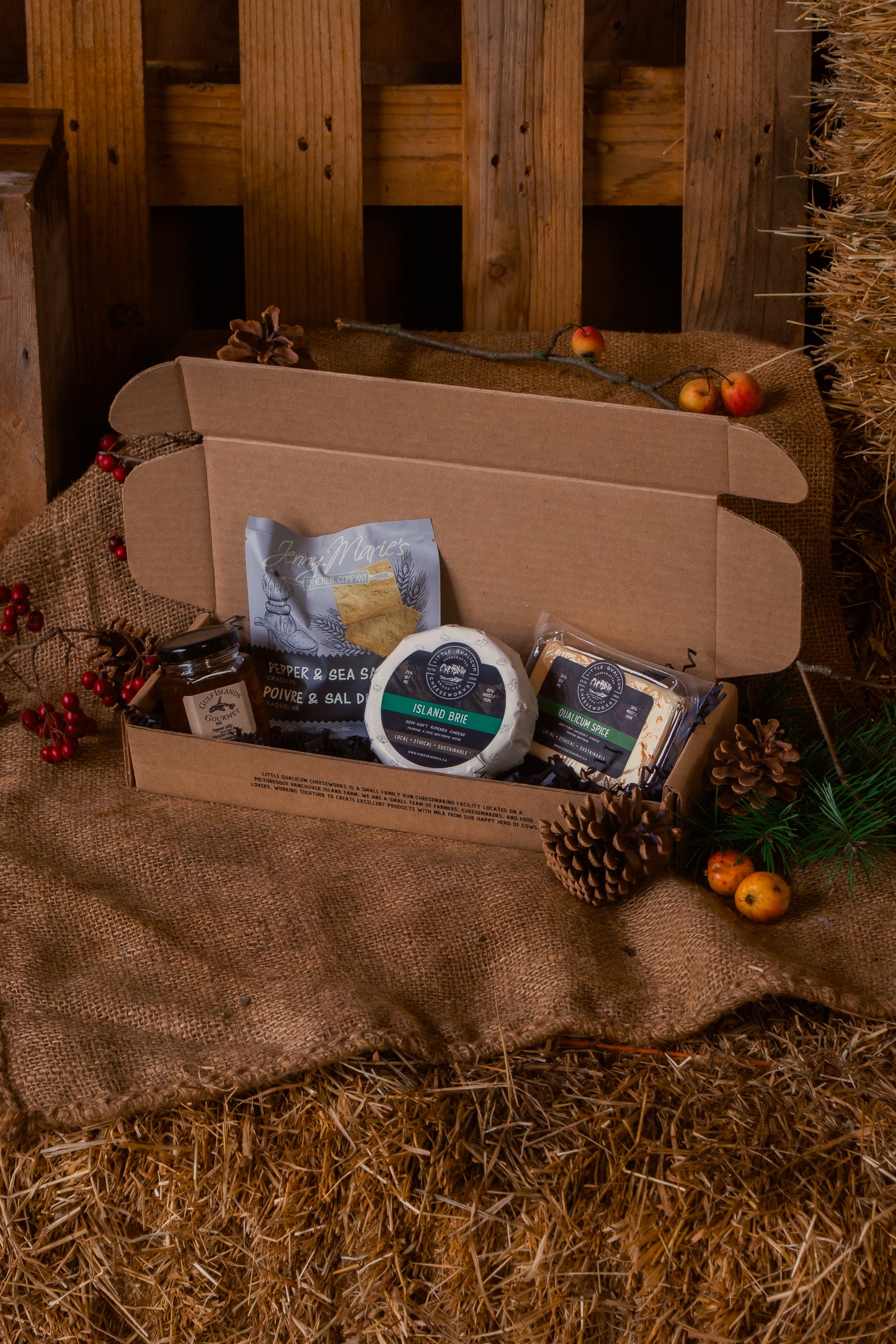 Open cardboard box with brie, qualicum spice, pepper & sea salt crackers and gulf islands jelly products on a rustic wooden and hay background