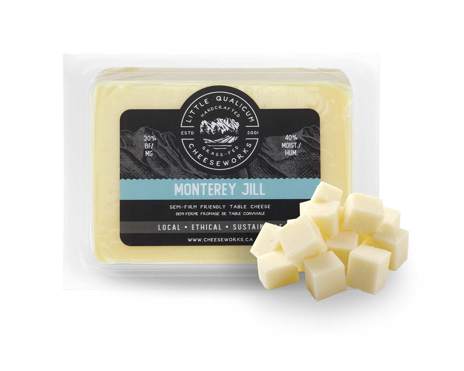 Monterey Jill cheese in LQC packaging with cubes of cheese 