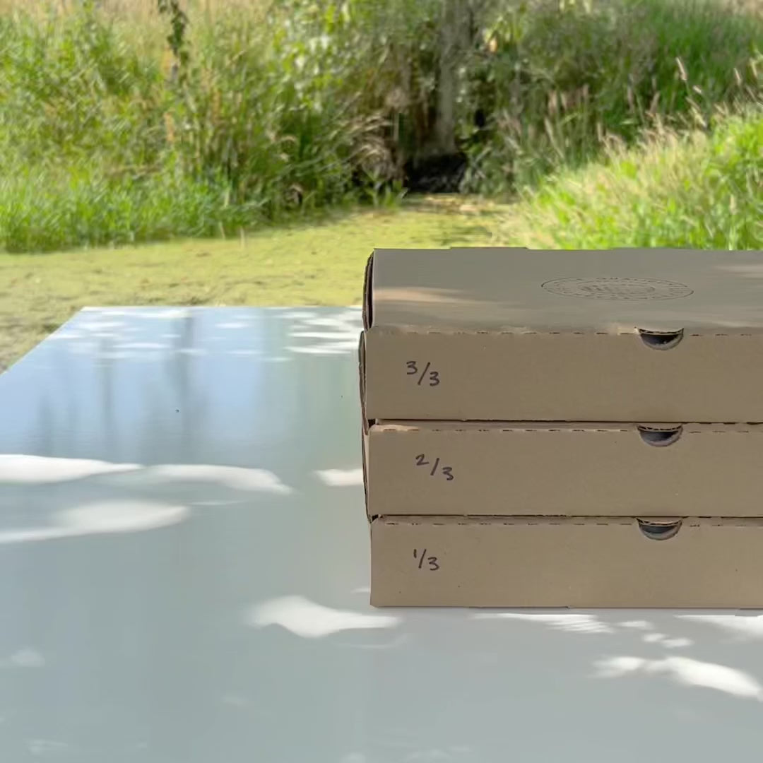 Three "Large" graze boxes are made into a quick graze table by sliding the arrangement out of the boxes on parchment and disguising the seams to make one long runner-style graze table