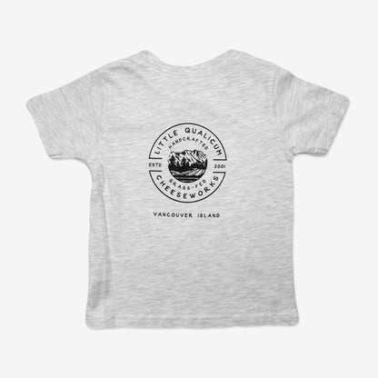 Back view of Little Qualicum Cheeseworks' childrens t-shirt, showing company logo and the text "Vancouver Island"