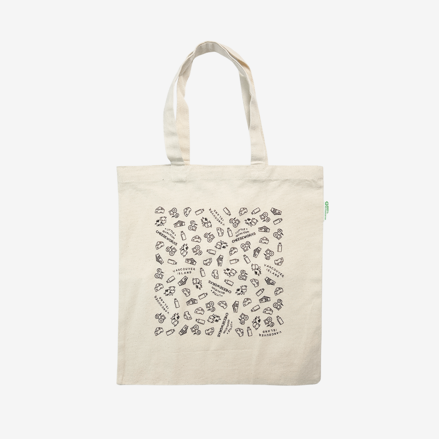 Recycled cotton 11oz tote bag with cheese & farm themed pattern.