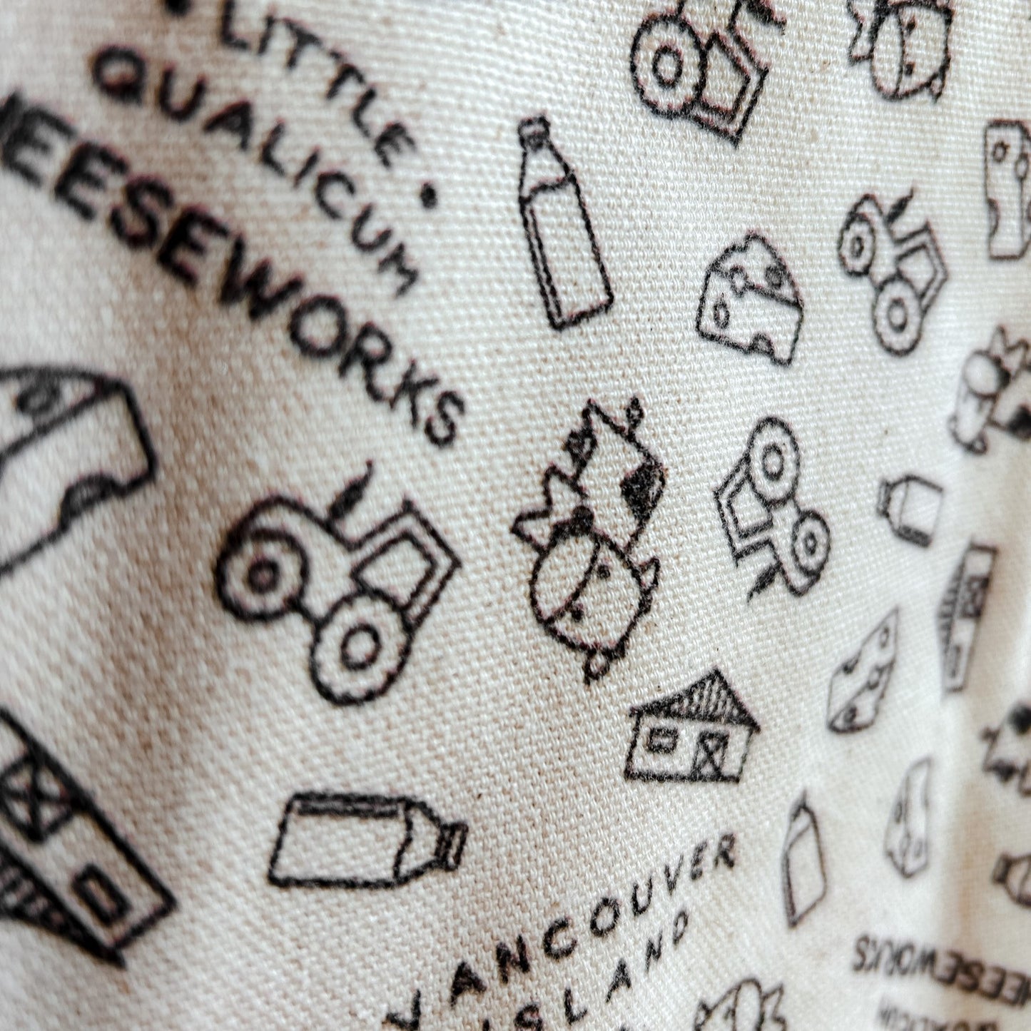 Closeup detail of line drawing cheese/farm themed pattern. Includes cute cows, barns, milk bottles, tractors, cheese wedges, and text alternating between "Little Qualicum Cheeseworks" and "Vancouver Island".