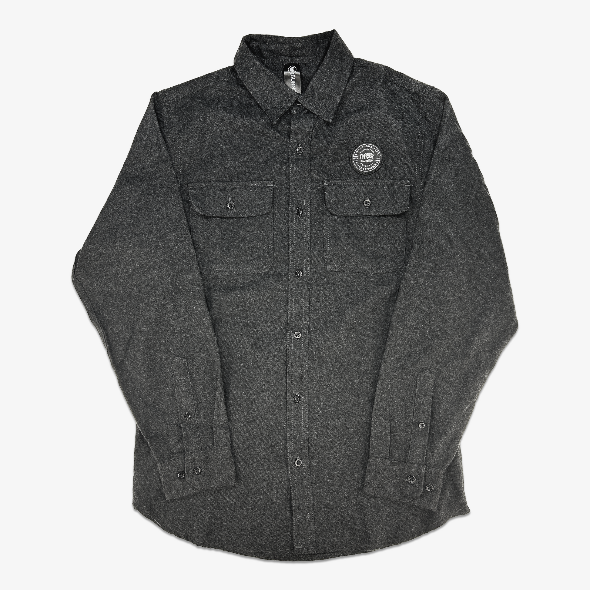 Dark gray flannel shirt with Little Qualicum Cheeseworks'  logo on a white background