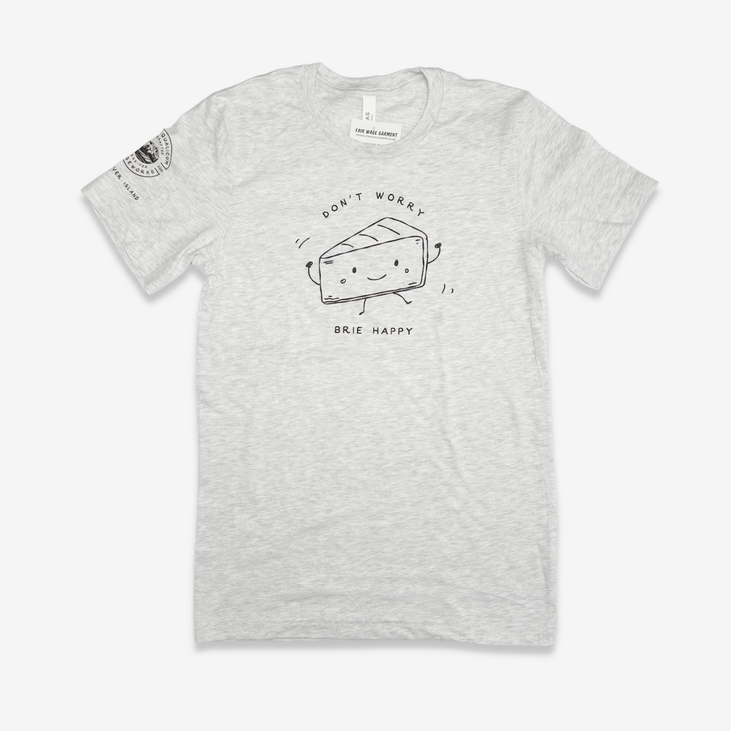 Ash grey heather "Brie Happy" shirt from the front. Logo printed on the sleeve.