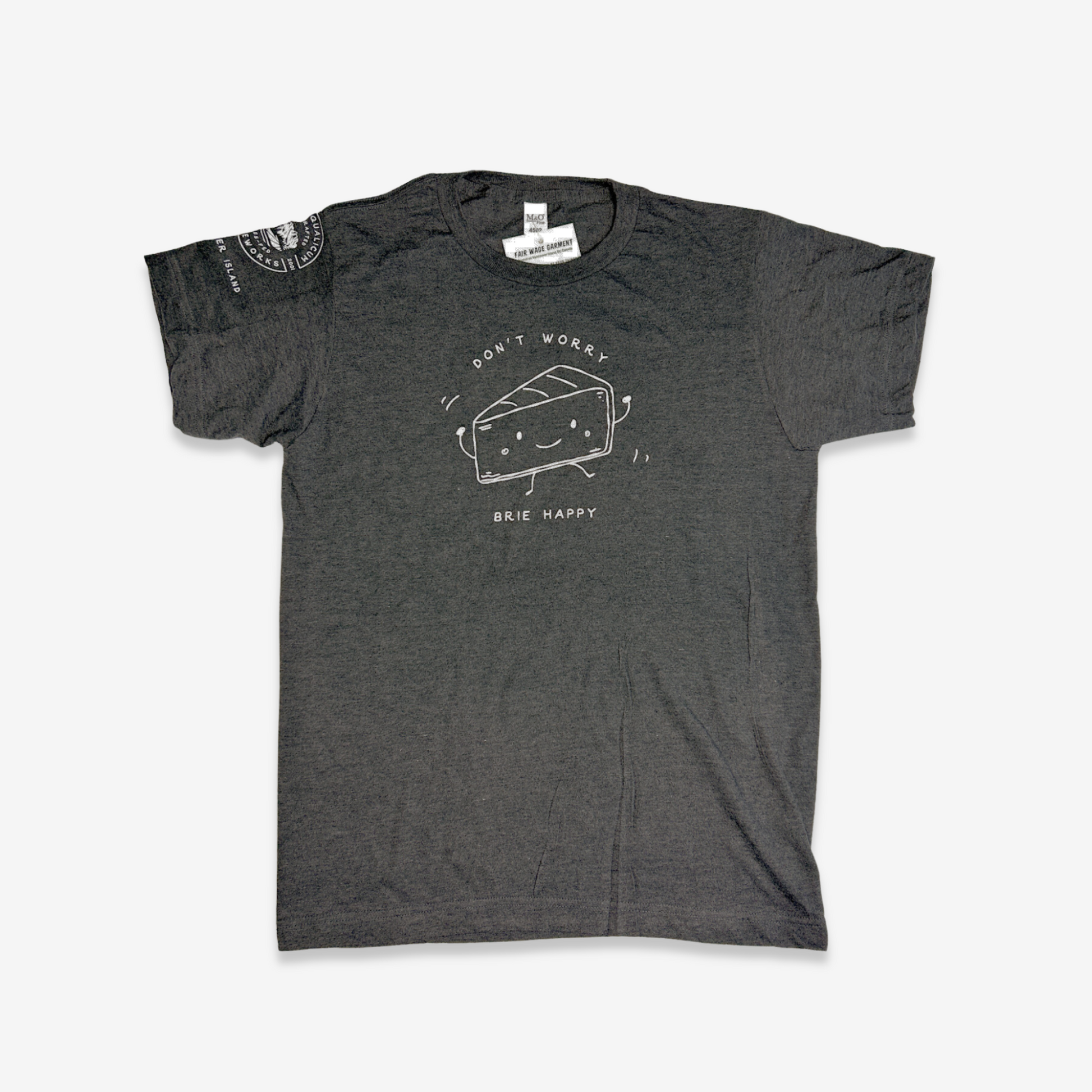 Charcoal heather shirt with "Brie Happy" line drawing illustration on the front. Logo on the sleeve.