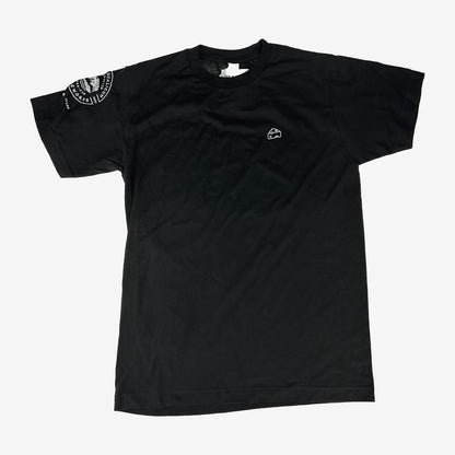 Black t-shirt with a small cheese wedge icon and a white logo on the sleeve.