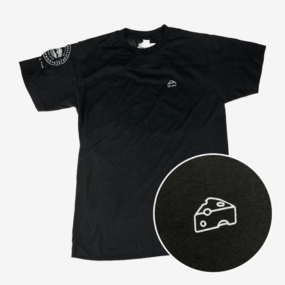 Black t-shirt with a small cheese wedge illustration on the chest and a larger logo on the sleeve, displayed on a white background.