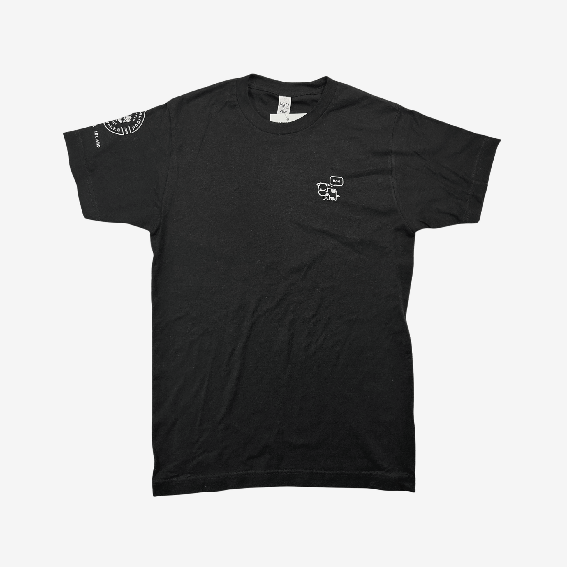 The black short sleeve t-shirt  has the LQC logo and the text "Vancouver Island" on the left sleeve. A pocket print on the right side depicts a white line drawing of a cow with a speech bubble containing the word "Moo".