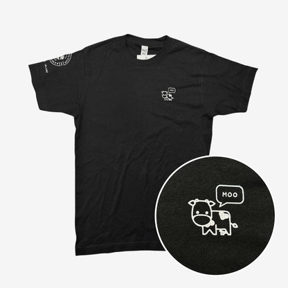 Black t-shirt with a cow graphic and 'MOO' text in white
