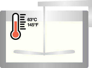 Vat with milk in it showing pasteurization and temperature thermometer with 63 Celsius and 145 Fahrenheit 