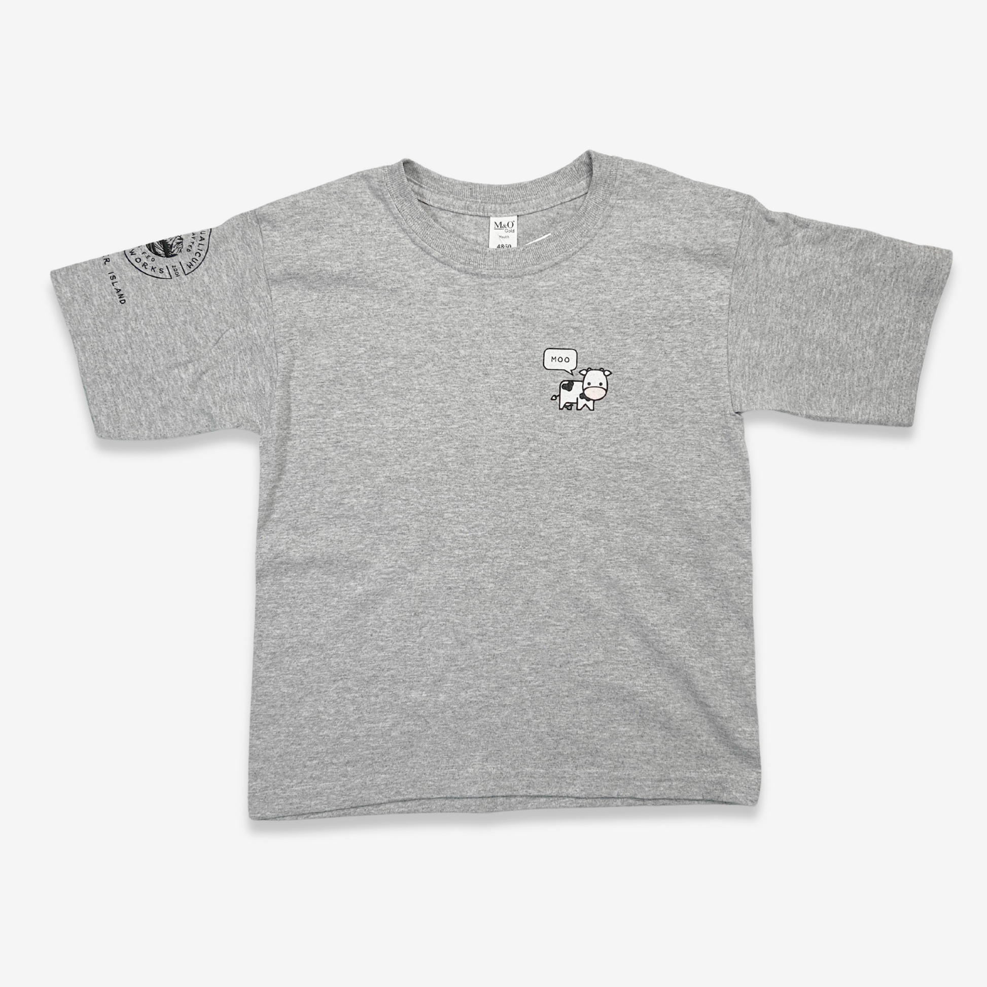 The t-shirt is a heathered grey. On the left sleeve, "Vancouver Island" is written under the LQC logo. The pocket print on the right is a simplified illustration of a cow from the side with its head turned. A speech bubble pointing to the cow contains the word "Moo".